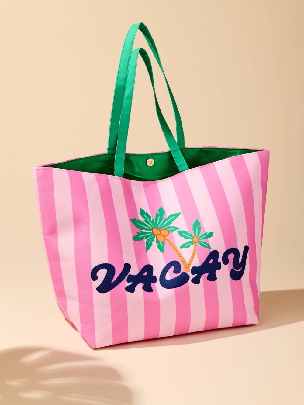 Shiraleah Pink Striped VACAY Tote with Green Handles